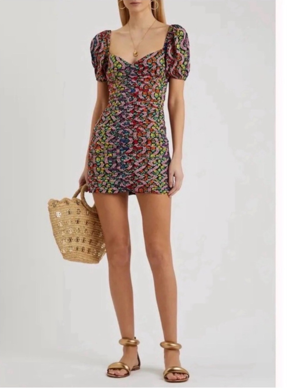 Rhode Esme Mini Floral Multicolor Puff-Sleeve Mini Dress size 4